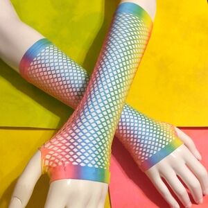 Vibrant Rainbow Fishnet Fingerless Gloves with Thumb and Pinky Holes